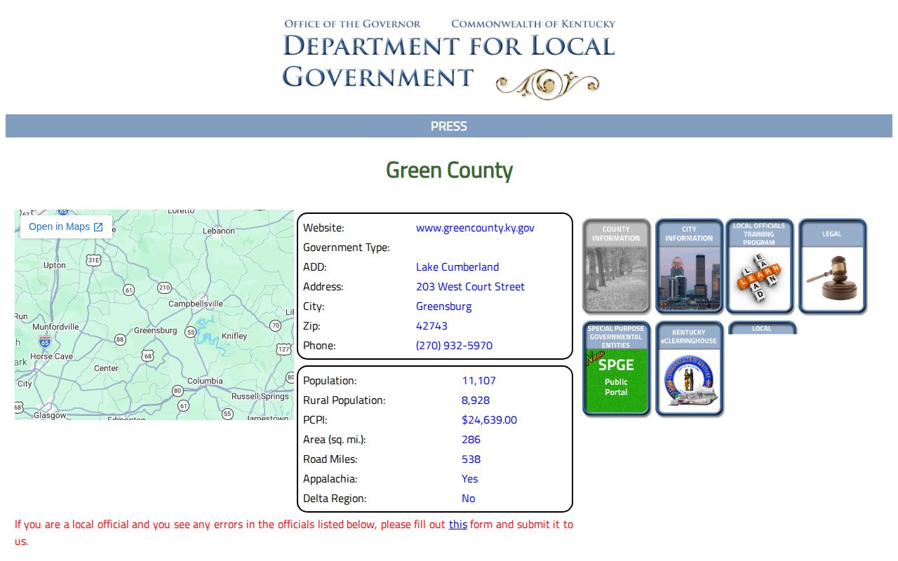 Kentucky local government Green County directory