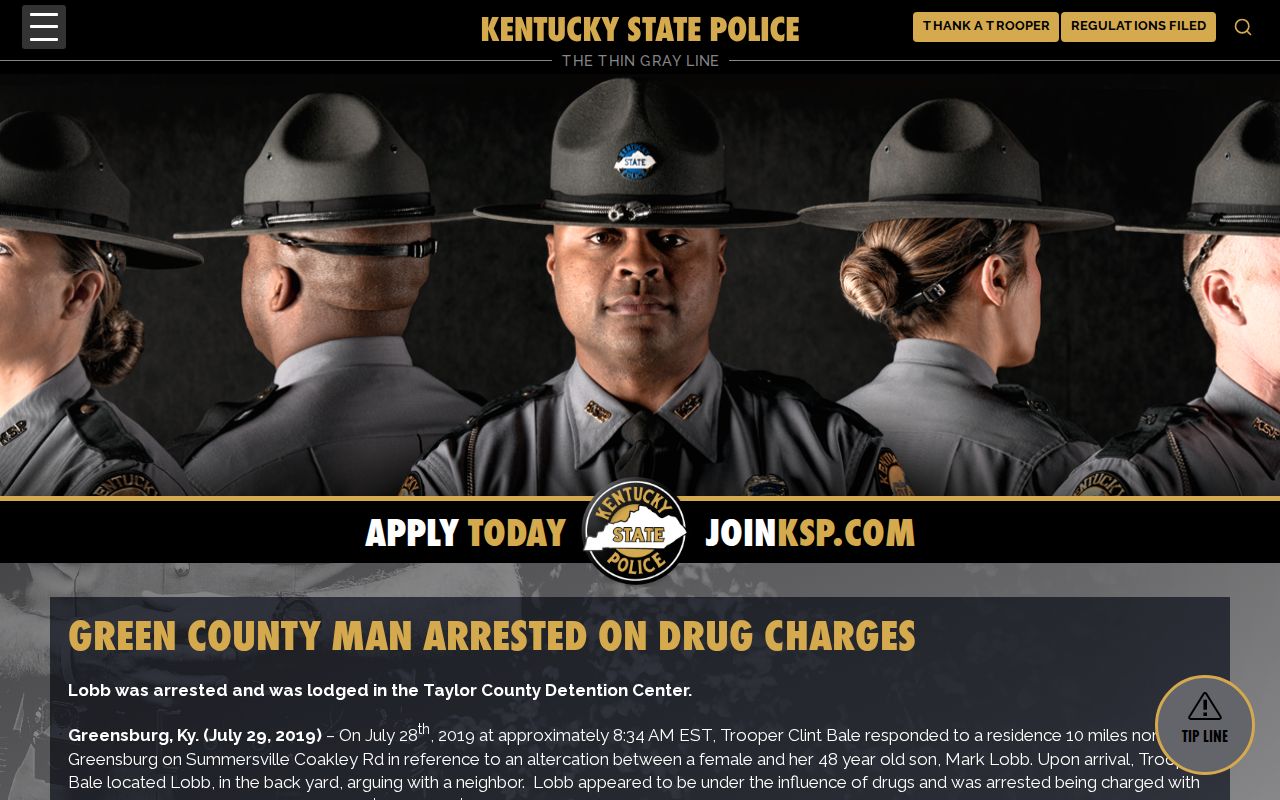 Kentucky State Police Green County arrest release documenting Taylor County detention lodging