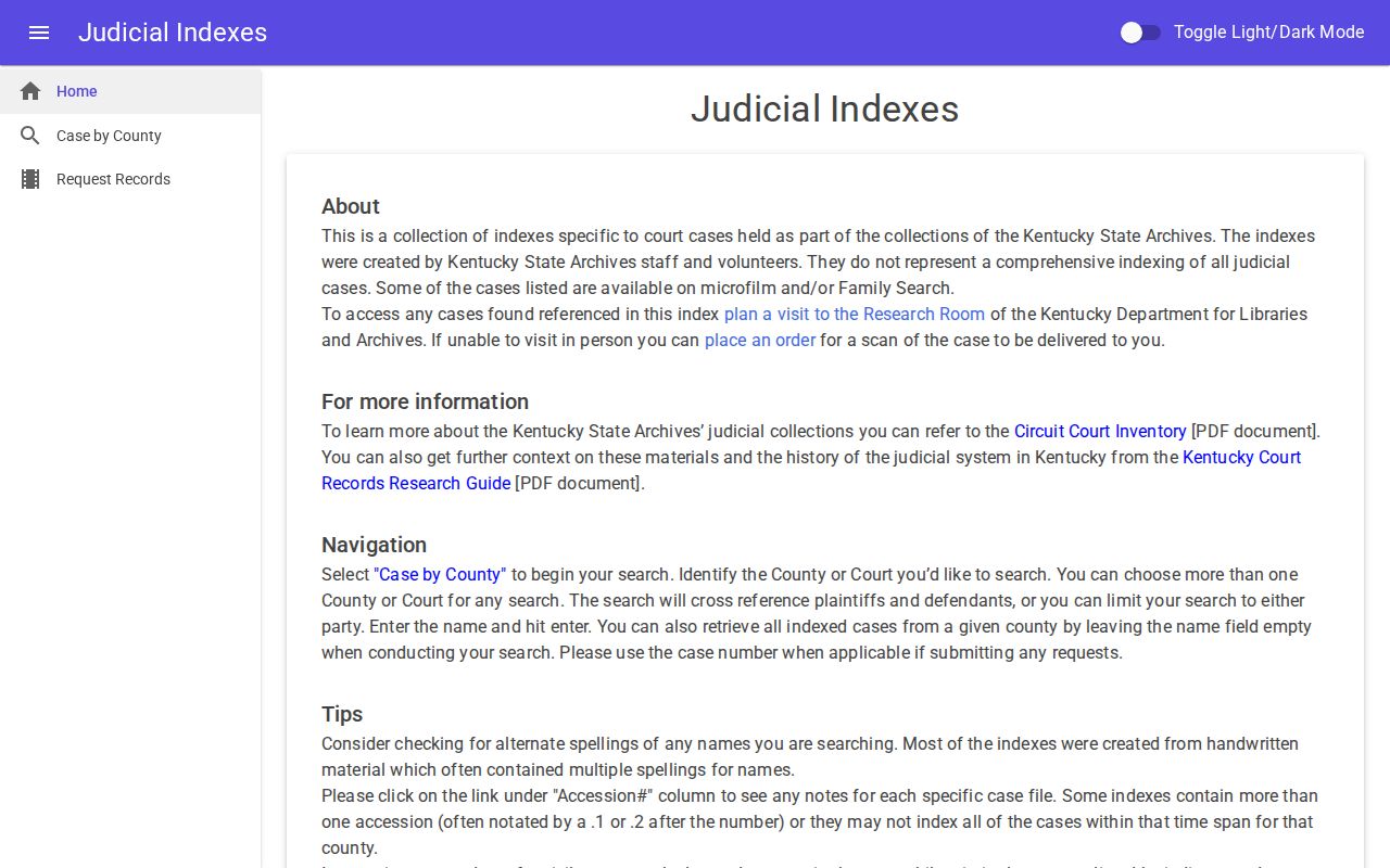 Kentucky Judicial Indexes interface for county court case lookup