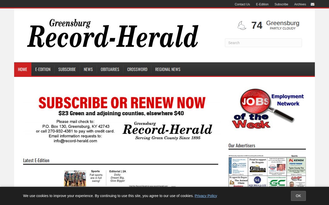 Greensburg Record-Herald website used for Green County arrest reporting and archives