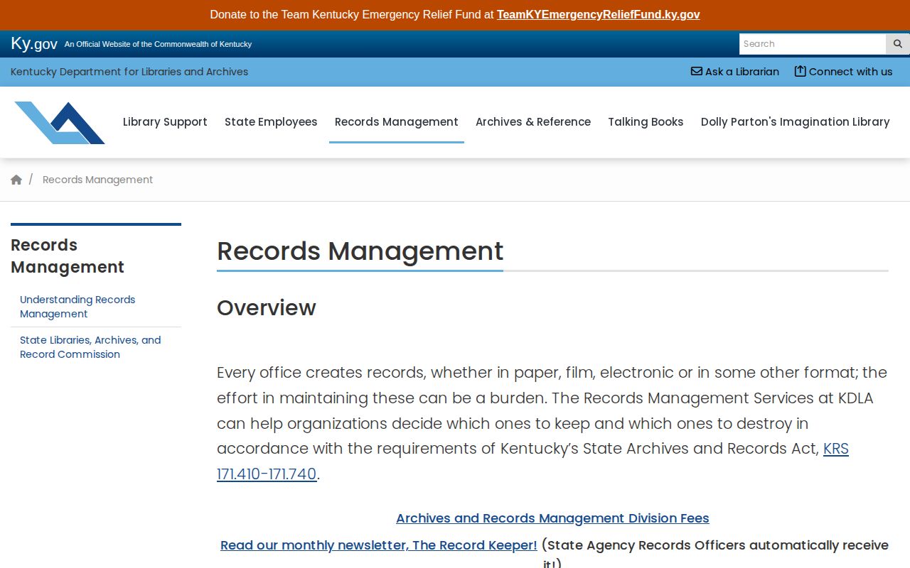 Kentucky archives records management page for local retention guidance