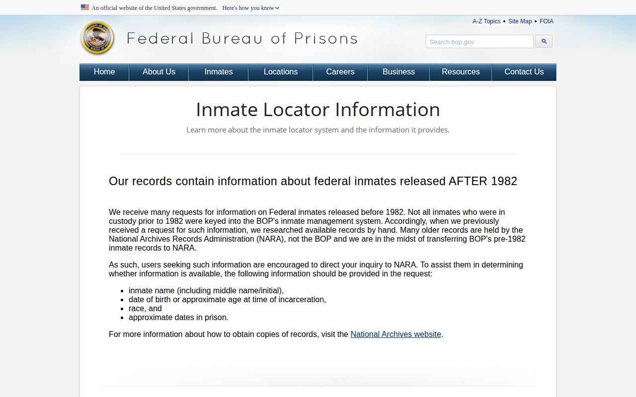 Bureau of Prisons inmate locator records policy
